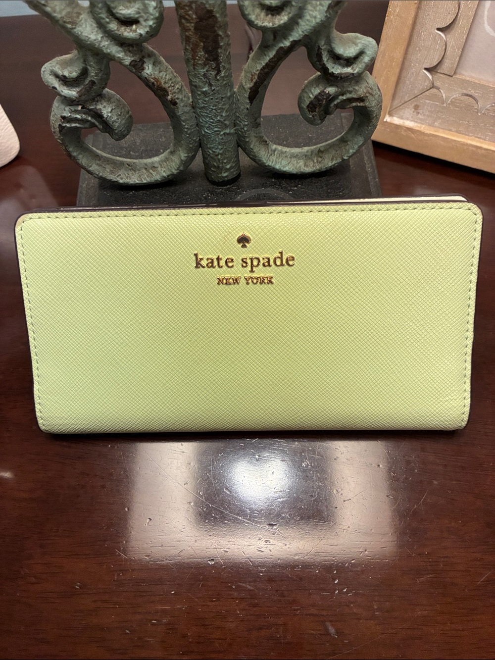 kate spade Lemon Green Saffiano Zip Wallet with Gold Logo